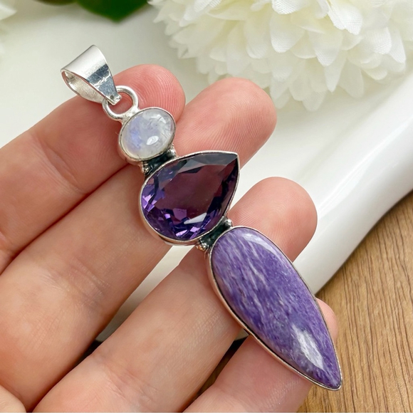 Amethyst Moonstone Charoite Pendant Necklace Southwest Boho Vintage New 925 - Picture 4 of 10